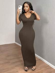 SHEIN SXY 女士纯色 V 领紧身短袖连衣裙 Hoco Dresses - 咖啡 - 查看 4