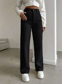 SHEIN PETITE 100%Cotton HIGH RISE BEIGE WIDE LEG PETITE SIZE JEAN - Black - View 5