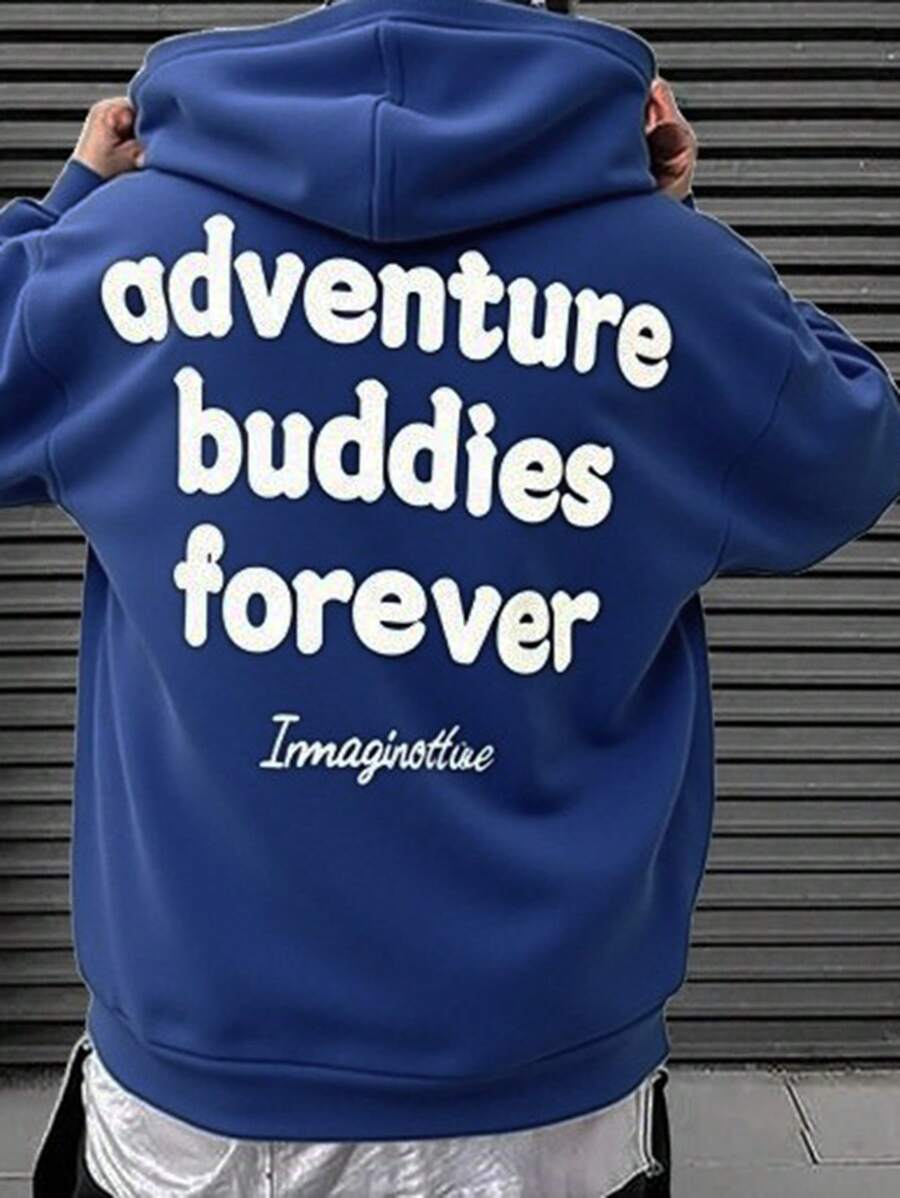 SHEIN Teen Boys' Blue Contrast Letter Graphic Hoodie, Casual Sporty Comfortable Versatile Soft Fabric Suitable For School, Travel, Outdoor Activities, All Seasons