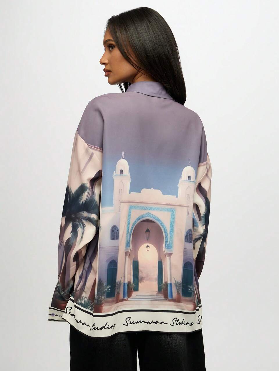 SUMWON Camicia-blusa con stampa paesaggistica, a maniche lunghe, collezione resort di lusso, abbigliamento estivo casual da spiaggia, camicetta con bottoni, per il tempo libero e i viaggi