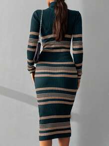 SHEIN Women's Striped Turtleneck Long Sleeve Fitted Knit Dress, Elegant,Petite