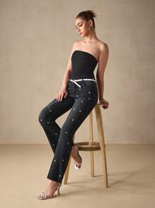 SHEIN Essnce 女士牛仔裤 - Selenza 星座系列，优雅系列，金牛座刺绣图案，优雅通勤休闲装，星空图案，治愈系，意志坚强，热情，友善，有责任感 - 藍色 - 查看 6