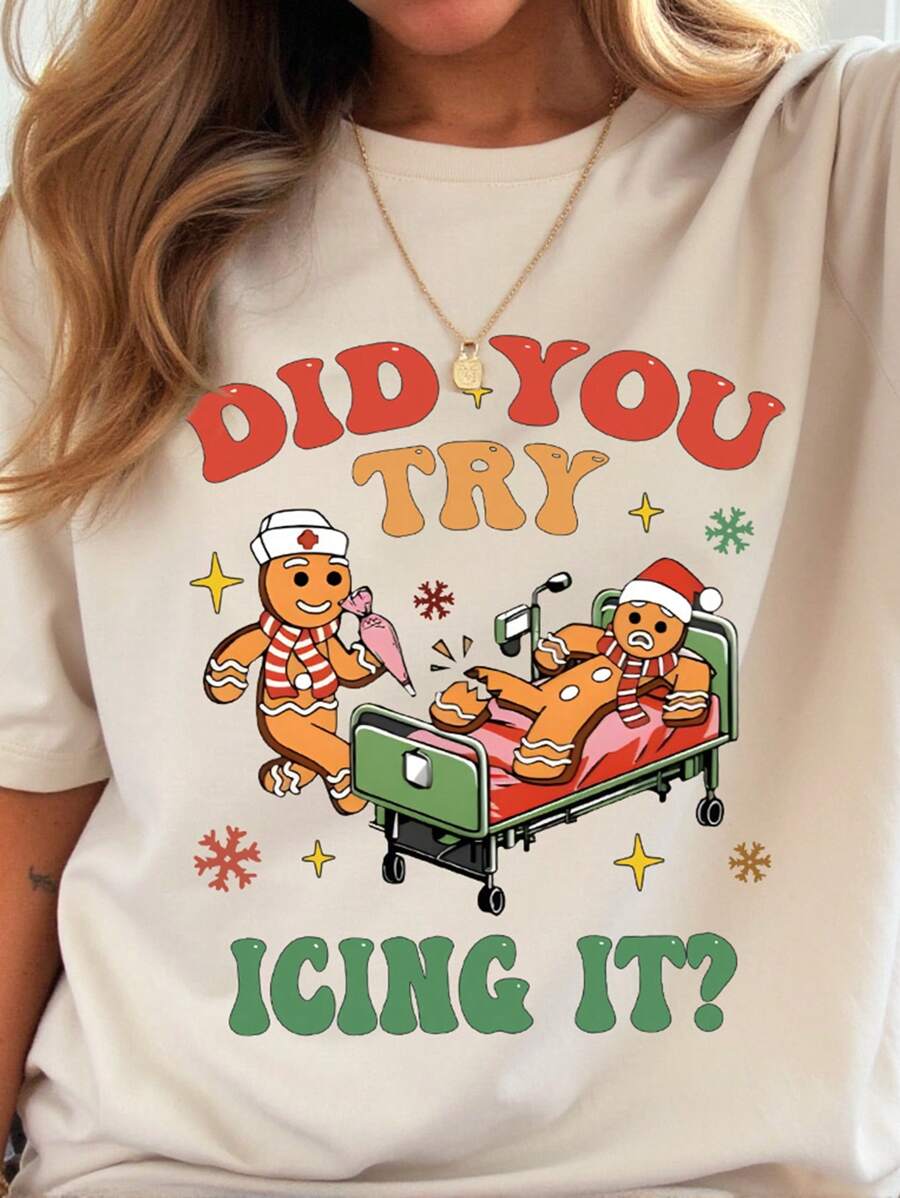INAWLY Christmas Cartoon Slogan Print Long Short Sleeve T-Shirt Graphic Tees Women Tops For Spring Outfit - Apricot - View 1