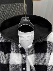 Tween Boys Casual Plaid Fleece Hooded Jacket, Open Front Loose Thick Outerwear For Autumn/Winter, Boys Teddy Jacket, Boys Plaid Jacket, Kids Black And White Hoodie Fall - Black - View 5