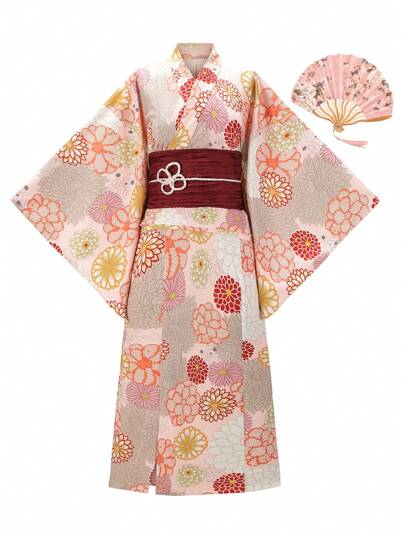 Irokai Floral Print Overlapped Collar Long Robe, Suitable For Holiday Events Japanese Women's Traditional Floral Print  Yukata Bowknot Yukata (Modified Japan Style Kimono Robe), Easy Wearing