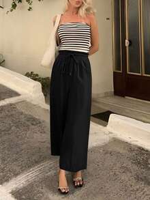 SHEIN Frenchy Quần dài thoải mái, rộng rãi, có dây rút, cạp chun cho nữ vào mùa hè - màu đen - Xem 6