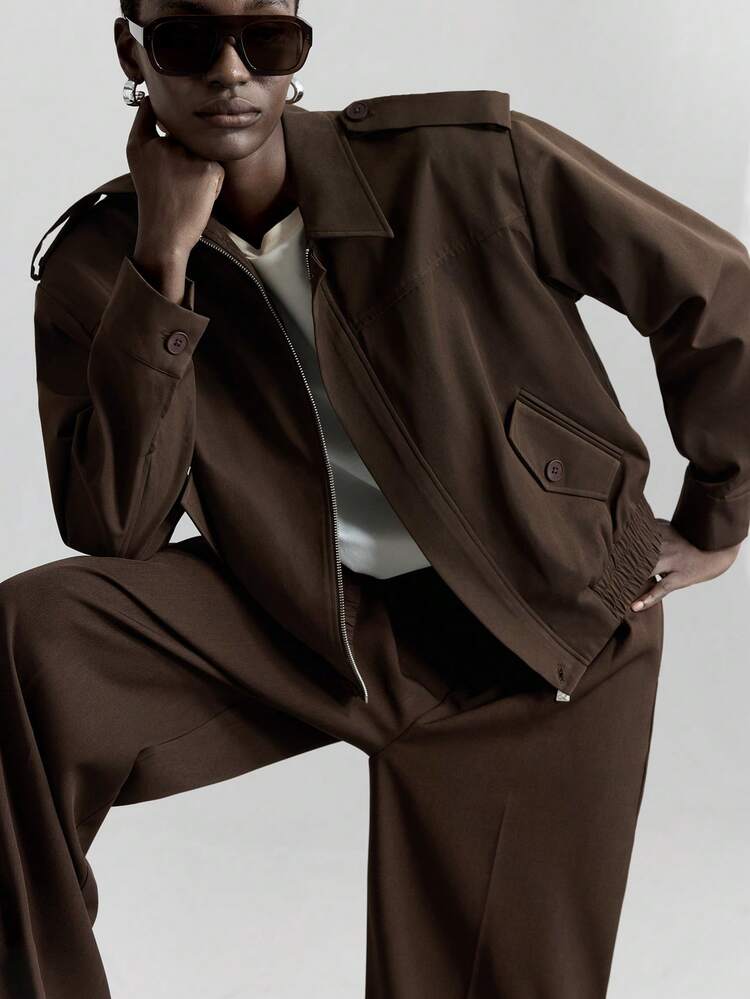 Modern Urban Style Women's Jacket, Brown, Oversized Fit, Casual Style, Lapel Collar, Long Sleeve, Functional Pockets, Elastic Hem, Short Jacket, Autumn Wear, Daily Casual Outerwear Low-Key And Durable Basic Style, All-Match And Suitable For Everyone, Street Fashion Wear, Coffee Shop Wear