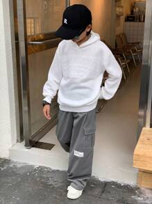 SHEIN 2pcs/Set Tween Boy 3D Letter Embossed Hoodie With Cargo Pocket And Two-Tone Sweatpants, Casual Outfit For Autumn/Winter, Suitable For School, Hangout, Vacation, All Occasions, Teen Boy Two Piece Set, Boy Kids Sweat Pants And Hoodie, 2 Piece Teen Boys Hoddie And Sweatpants Fall