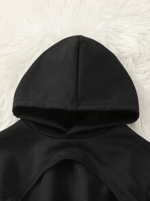 女童图案印花连帽衫搭配罗纹针织背心，街头休闲时尚 - 軍綠色 - 查看 5