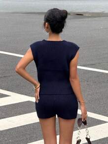 Muchica 4th Of July Women's New Sleeveless Flag Print Knit Top And Leggings Set For Independence Day - Navy Blue - View 2