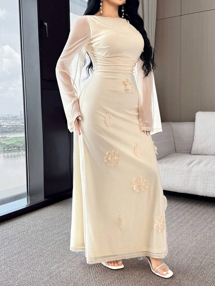 Feyla 女式圆领褶饰花卉贴花装饰优雅阿拉伯风格长袖连衣裙 - 杏色 - 查看 1