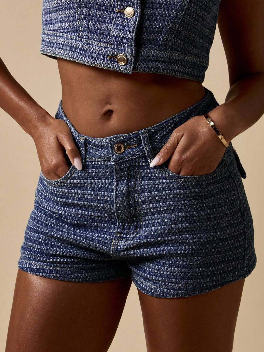 MISSGUIDED Mid Rise Denim Shorts Textured Jacquard Pattern Spring Summer Casual Western Bottoms - Blue - View 1