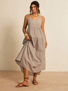 Freevana Váy dài thường ngày kẻ sọc không tay cỡ lớn - Cà phê nâu - Xem 4