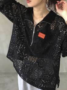 FRIFUL Áo ren nửa miếng in chữ rộng rãi cho nữ - màu đen - Xem 5