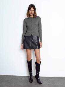 Maija Women's Elegant Solid Gray Round Neck Long Sleeve Button-Front Minimalist Knit Cardigan, Made Of Fine Fabric, Lightweight And Comfortable, Classic Ribbed Design And 3D Buttons Add Texture. Simple And Versatile Fit, Suitable For Daily Commute, Office, Business Casual, Teaching And Formal Occasions - Dark Grey - View 3