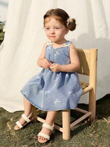 Cozy Pixies Baby Girl Bow Decor Tie Waist Denim Jumper Dress - Blue - View 6