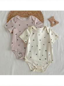 Loomiva 2pcs Baby Girl Multipack Long Sleeve Fruit Pattern Knit Soft Round Neck Short Sleeve Bodysuit Set - Multicolor - View 1