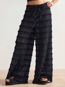 Bohemela Áo khoác ngoài phong cách Boho Thu/Đông, Quần ống đứng cạp cao phối ren xếp ly, kiểu dáng thường ngày dành cho nữ, thích hợp cho kỳ nghỉ biển, phong cách đồng quê miền Tây, đi xem hòa nhạc, đi nghỉ mát, mặc hàng ngày, đi học, Halloween, Giáng sinh. - màu đen - Xem 3