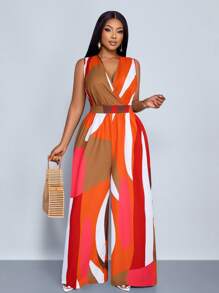 SOLERSUN Plus Size Women's Sleeveless Leaf Floral Print Elastic Waist V-Neck Jumpsuit, Suitable For Spring And Summer Vacation And Daily Wear, Jumpsuit - Orange - View 3