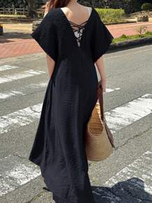 FRIFUL 女式无袖抽绳连衣裙，休闲都市风格，春夏 - 藏蓝色 - 查看 2