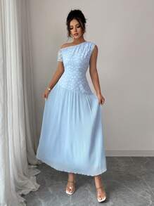 Modelyn 女式提花拼接雪纺不对称肩部夏季连衣裙 - 藍色 - 查看 4