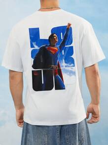 SHEIN SUPERMAN 2025 Camiseta de manga corta blanca de verano casual para hombres con estampado de figura de héroe y letras - Blanco - Ver 1