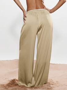 KIZN Pantalon large palazzo en satin, pantalon ample d'intérieur fluide, tenue élégante de villégiature, paréo de plage, léger avec cordon de serrage à la taille