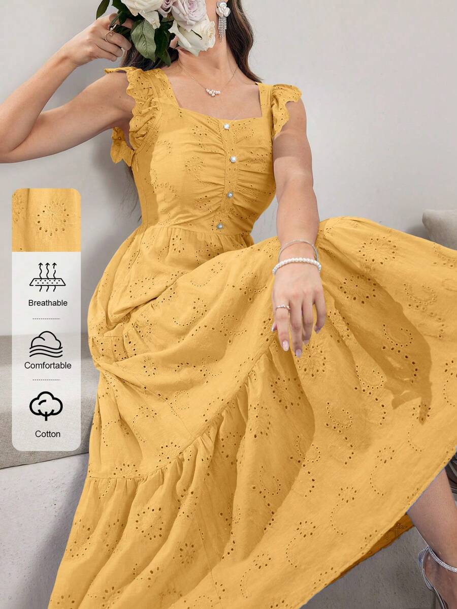 Modelyn Vestido con cuello cuadrado sin mangas, con adorno de volantes, botones de perla y bordado azul - Amarillo - Ver 1