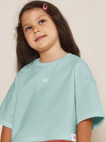 Butterfly Boxy T-Shirt Youth Girls Summer Casual Short Sleeve Everyday Crop Top Spring Classic Embroidered Design Wear - Teal Blue - View 3