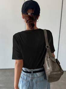 DAZY 宽松短袖V领女士T恤夏季 - 黑色 - 查看 3
