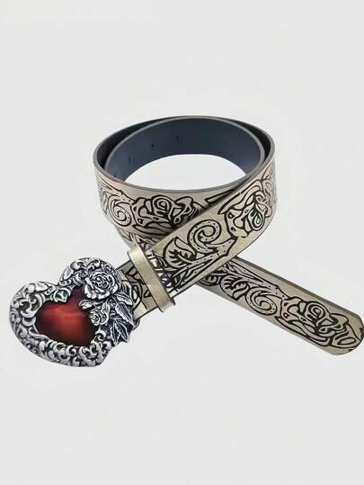 Goth Cinturón de estilo vintage con patrón de corazón y rosa en relieve, de estilo versátil Y2K, villana, gótico y oscuro