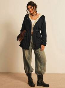 Freevana Plus Drawstring Waist Dual Pocket Teddy Lined Hooded Coat, For Winter Fall Autumn - Black - View 6