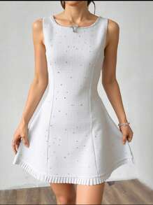 Women's Sleeveless Sequin Decor Pleated Hem Elegant Dress, Summer - White - View 7