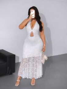 Viva Relle Plus Size Women's Lace-Up Hollow Patchwork Floral Trim Bodycon Spring/Summer Dress - White - View 7