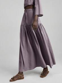 Ontre Rok A-Line Kasual Wanita Warna Polos dengan Tali Serut di Pinggang dan Hem Bergelombang, Cocok untuk Musim Panas, Musim Gugur, Wisuda, Liburan, Pantai, Festival Musik - Purple - View 4