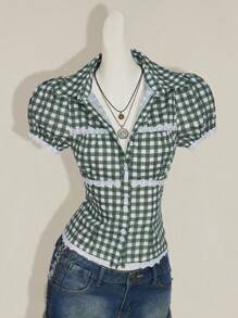 SHEIN ICON 女式泡泡袖格子纽扣休闲短袖格子印花衬衫 - 綠色 - 查看 4