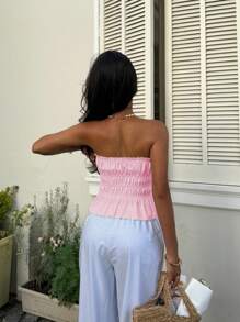 Sunnyshic Áo hở vai viền ren trắng cho nữ - Màu Hồng baby - Xem 2