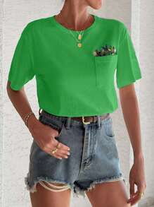 100%Cotton T-Shirt With Flower Embroidery, Round Collar, Pocket Details