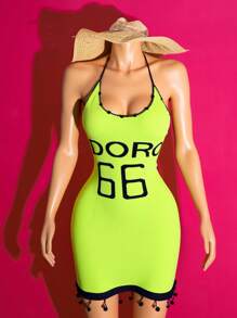 Slaydiva 2025 Spring/Summer Plus Size Vintage Western Resort/Date/Music Festival/Elegant Vacation/City Vacation/Casual Vacation, Road Trip Fitted Green Halter Backless Letter English Graphic Knit Fringe Mini Dress - Green - View 1