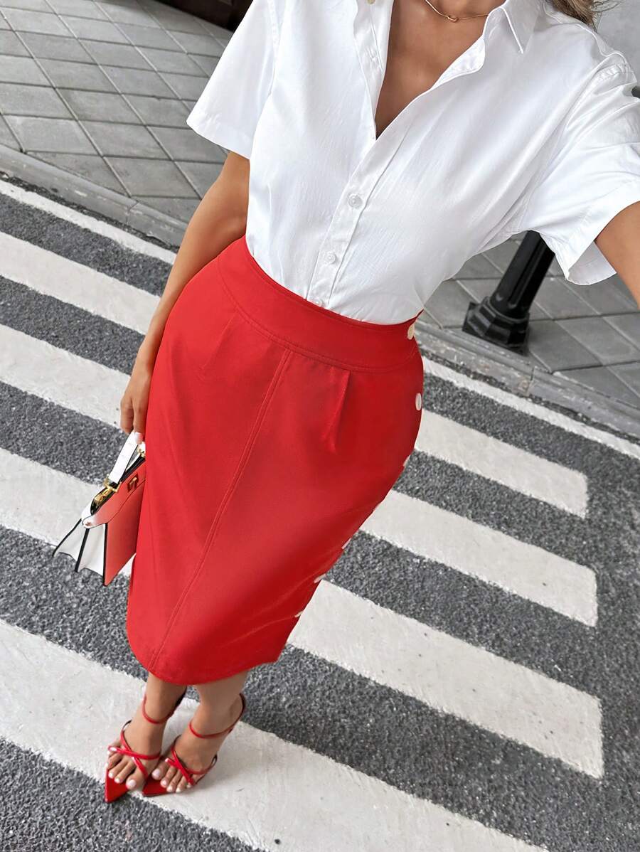 Pariaura Women's Elegant Side Button Straight Skirt, Red - Red - View 1