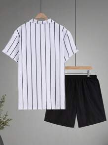 Surfspeed Plus Size Men's Casual Striped Shirt & Shorts Beach Outfit For Summer - Black and White - View 2