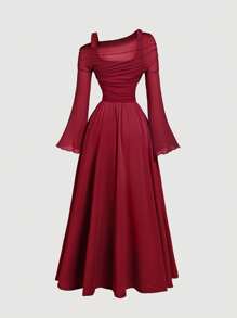 SHEIN MOD Váy dài tay hở vai màu đỏ tía 2 trong 1 tay kèn cho nữ, phong cách phương Tây, cổ điển, thập niên 70, tiệc độc thân - Màu Đỏ Sâu - Xem 2