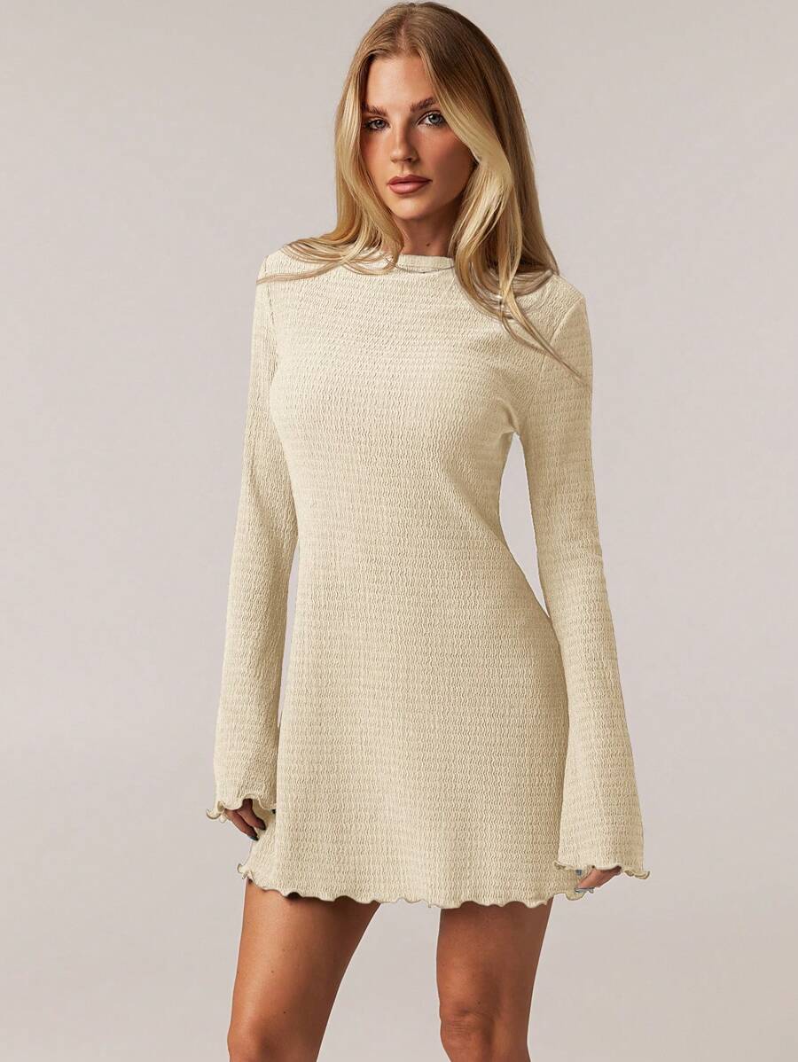 SHEIN Forever 21 1pc Women Casual Solid Color Elegant Flare Sleeve Dress, Spring/Summer - Apricot - View 1