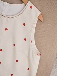 SHEIN 大码女式心形印花圆领无袖上衣和裙子两件套 - 杏色 - 查看 7