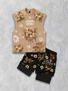 ROMWE MEN Street Life 2pcs/Set Men's Street Y2K Cartoon Angels Print Tank Top Set - Khaki - View 1