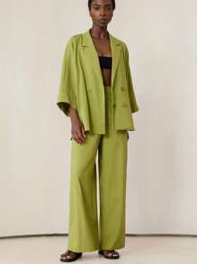 Aveloria Modichic 春夏两件套：宽松双排扣西装外套，松紧腰长裤，宽袖口侧开衩上衣，双口袋喇叭裤 - 綠色 - 查看 3