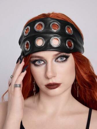 Grunge Punk 1pc PU Faux Leather Metal Rivets Exaggerated Wide Headband, Punk Style, Fashion Accessory