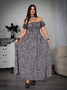 Whyspr 女式休闲朋克深色印花领口抽绳五角星 PU 配饰腰部收紧连衣裙