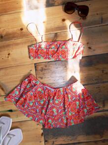 Musera Resort 印花抹胸比基尼上衣和下装，带裙摆罩衫，夏季可爱度假节日性感优雅泳装 La Fruita - 彩色 - 查看 3