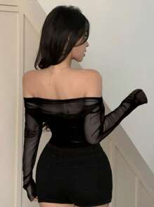 DAZY Blusa elástica de malla transparente con hombros descubiertos, blusas de mujer de manga larga para primavera/verano, blusas de salida para mujeres - Negro - Ver 2